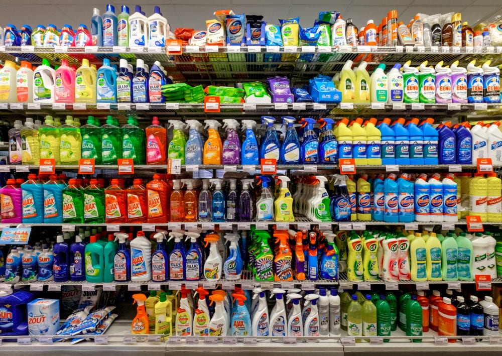 Cleaning products down the cleaning aisle at the supermarket
