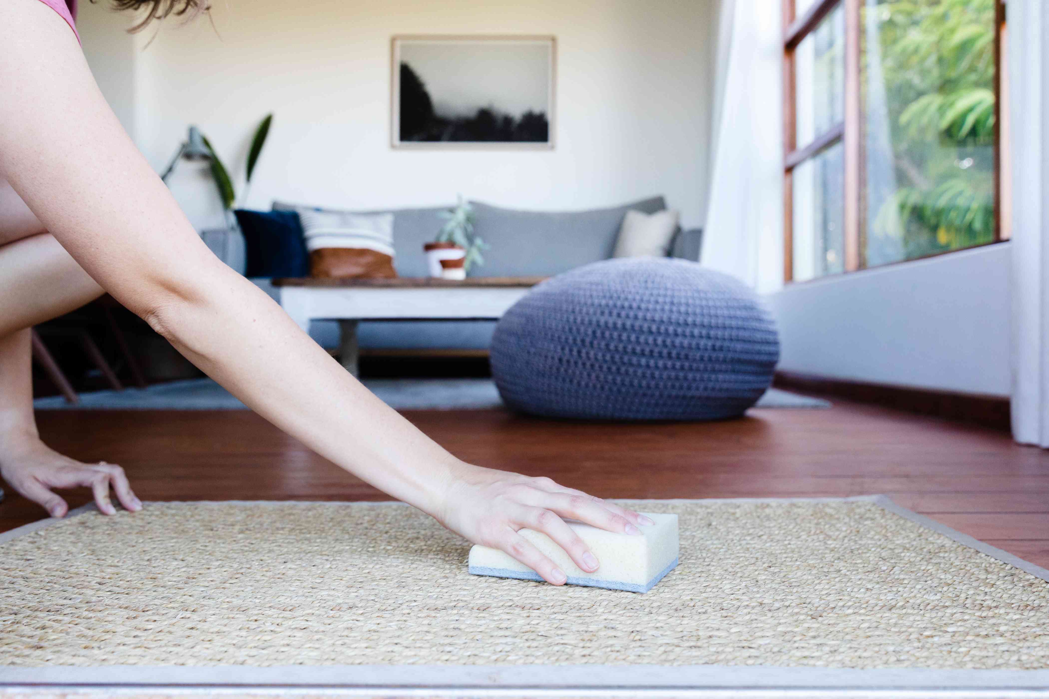 Cleaning a living room rug with a disposable sponge